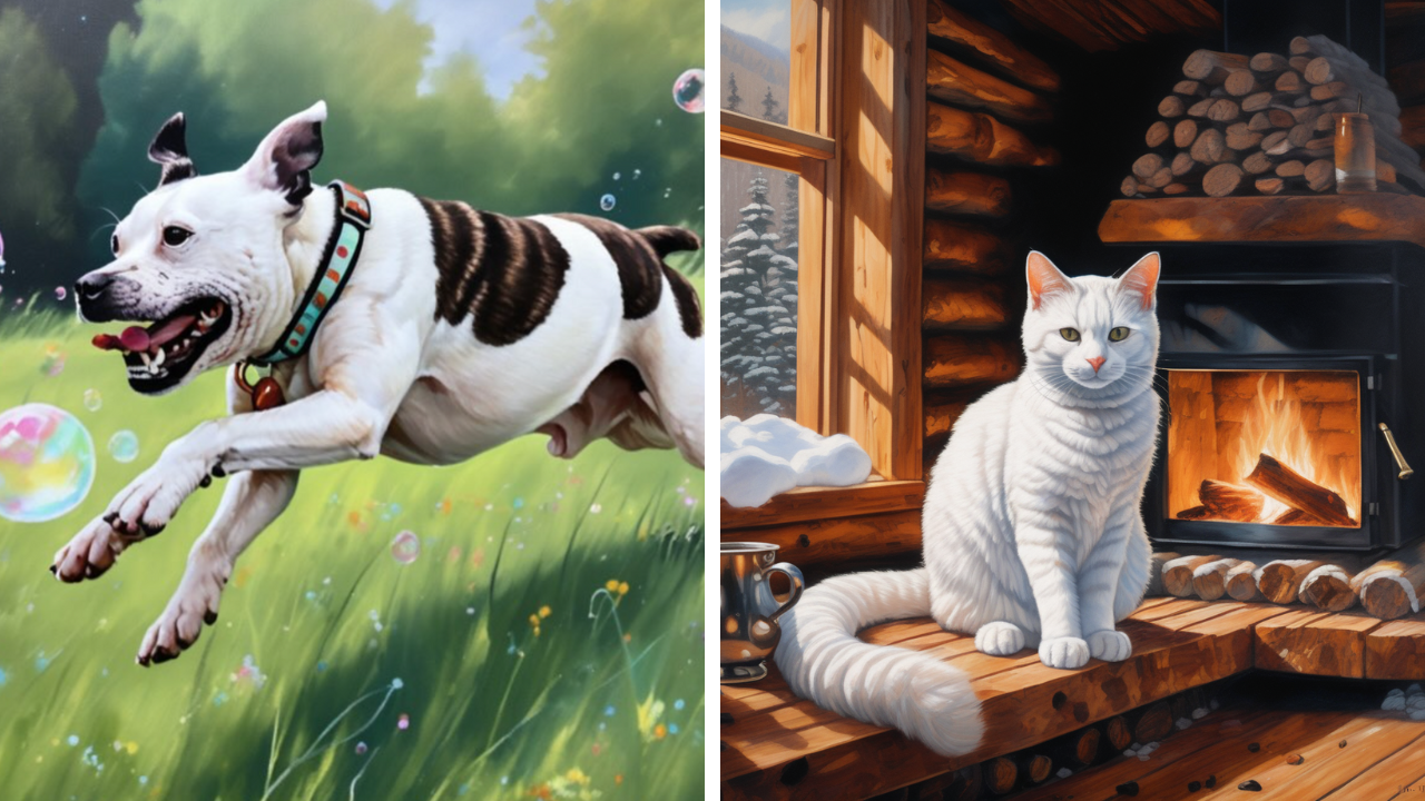 Side-by-side AI pet portraits of a happy dog running through bubbles and a peaceful white cat sitting by a fireplace in a log cabin