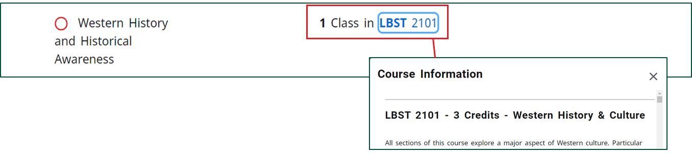 screen shot showing course information in DegreeWorks