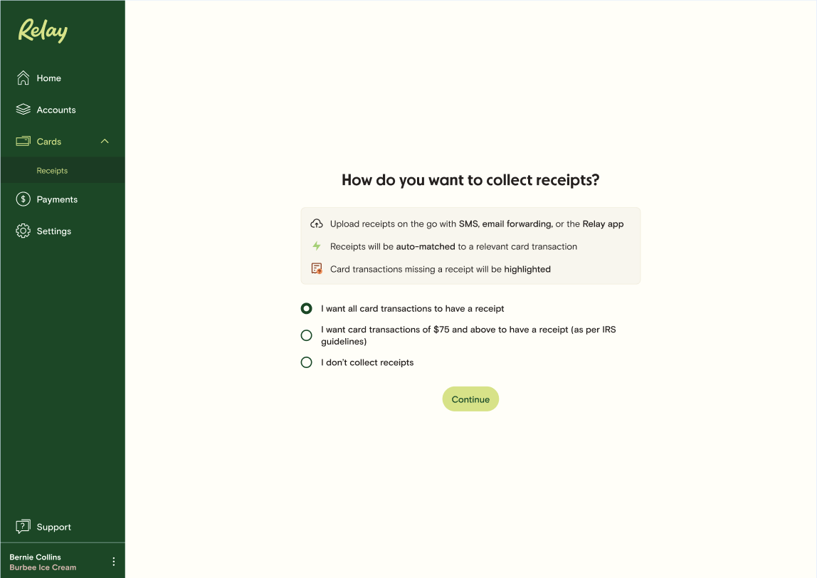 Relay screenshot: How Do you Want to Collect Receipts?