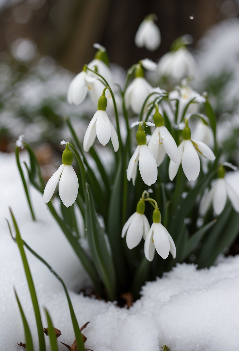 A cluster of 31 snowdrop flowers, delicate and white, peeking through a blanket of snow in a serene winter garden