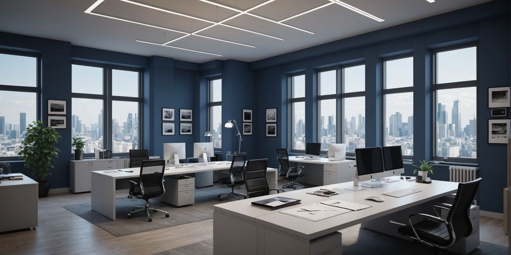 Modern architectural firm office with blueprints on the table.