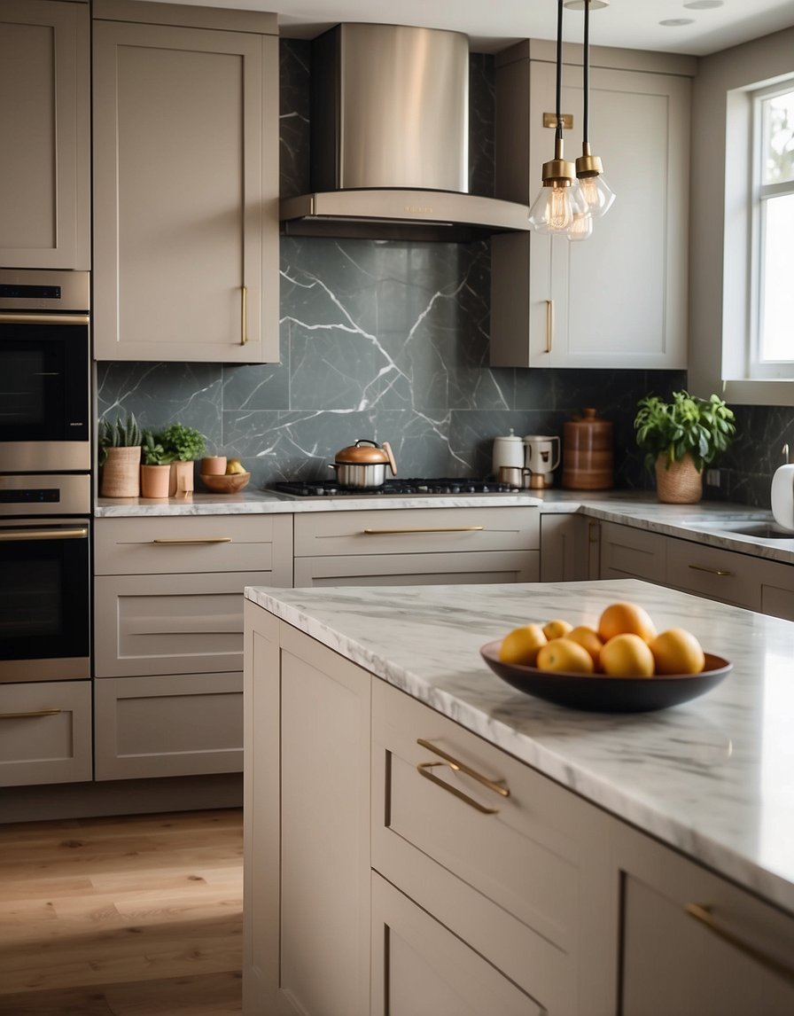 A modern kitchen with light taupe cabinets, sleek hardware, and marble countertops. The natural light floods the space, creating a warm and inviting atmosphere