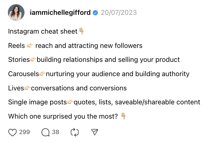 7 Creators on Threads Worth Watching. Michelle Gifford's post on Threads gives a quick cheat sheet for posting on Instagram.