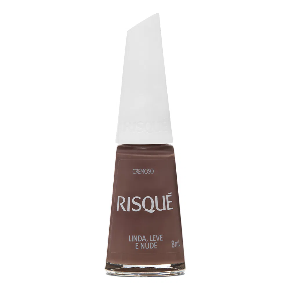 Frasco do esmalte Linda, Leve e Nude da Risqué, que possui um tom de nude intenso com fundo marrom.