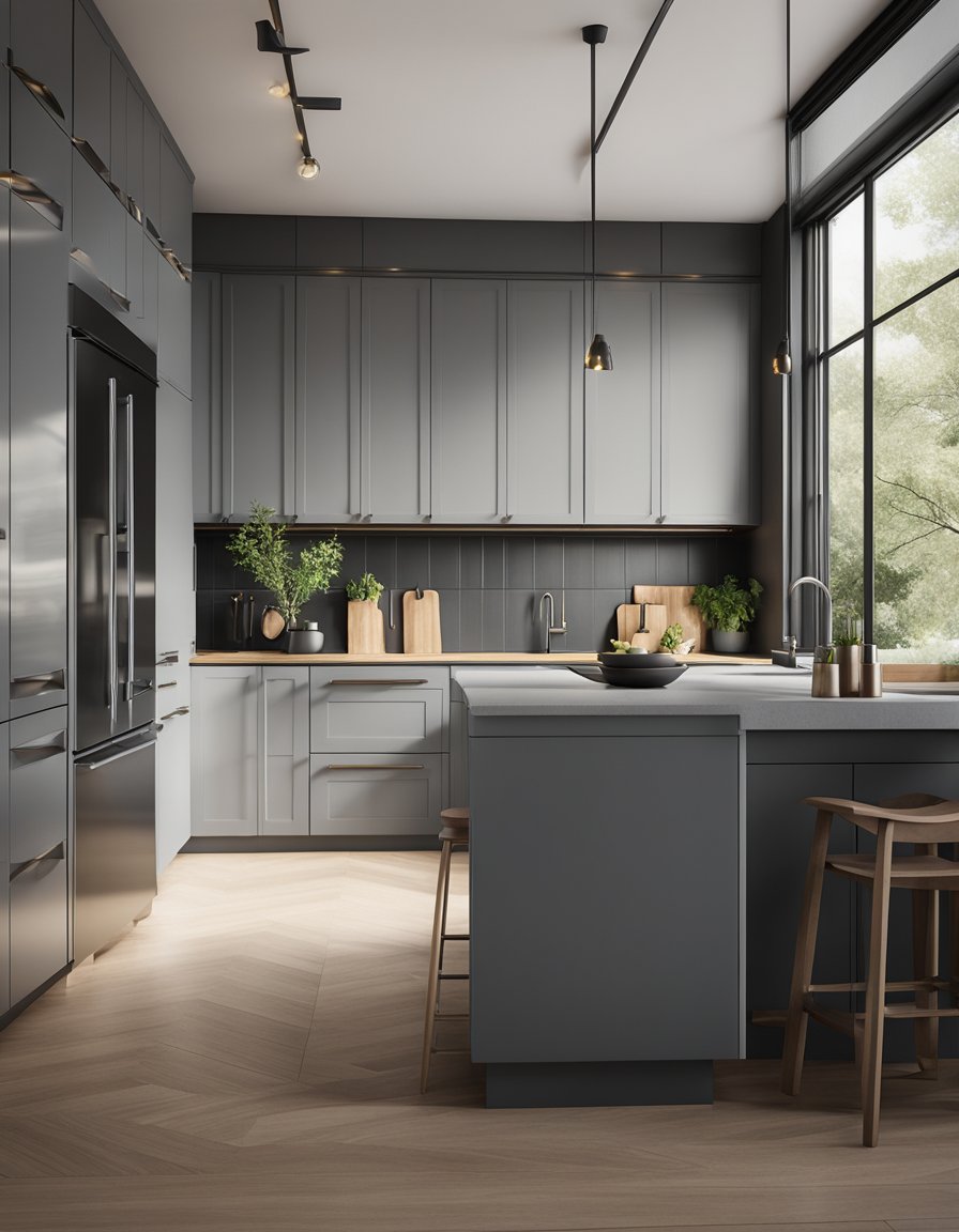 A modern kitchen with gray cabinets and stainless steel appliances