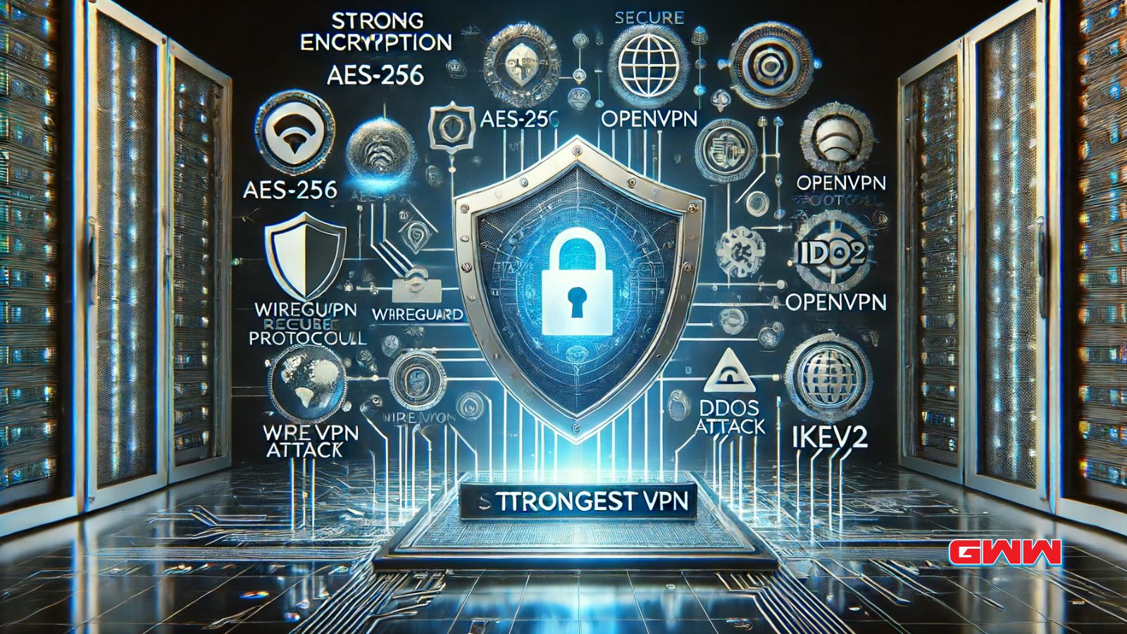 Strongest VPN with encryption and security protocol icons