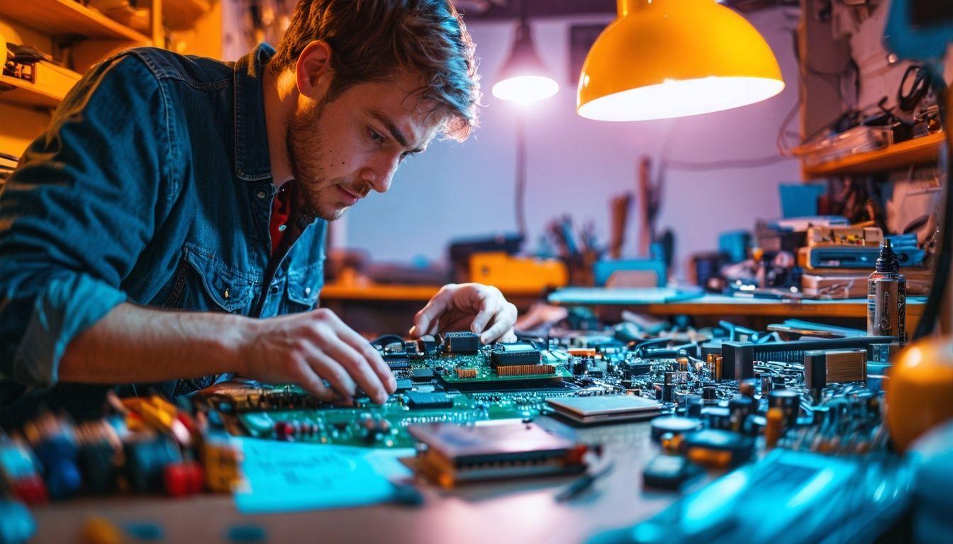 A person in their late 20s examining integrated circuits on a cluttered workbench.