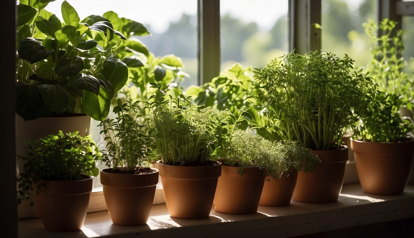 Lush green plants overflowing from pots and shelves, bountiful harvest of herbs and vegetables, sunlight streaming through the window, creating a warm and inviting atmosphere