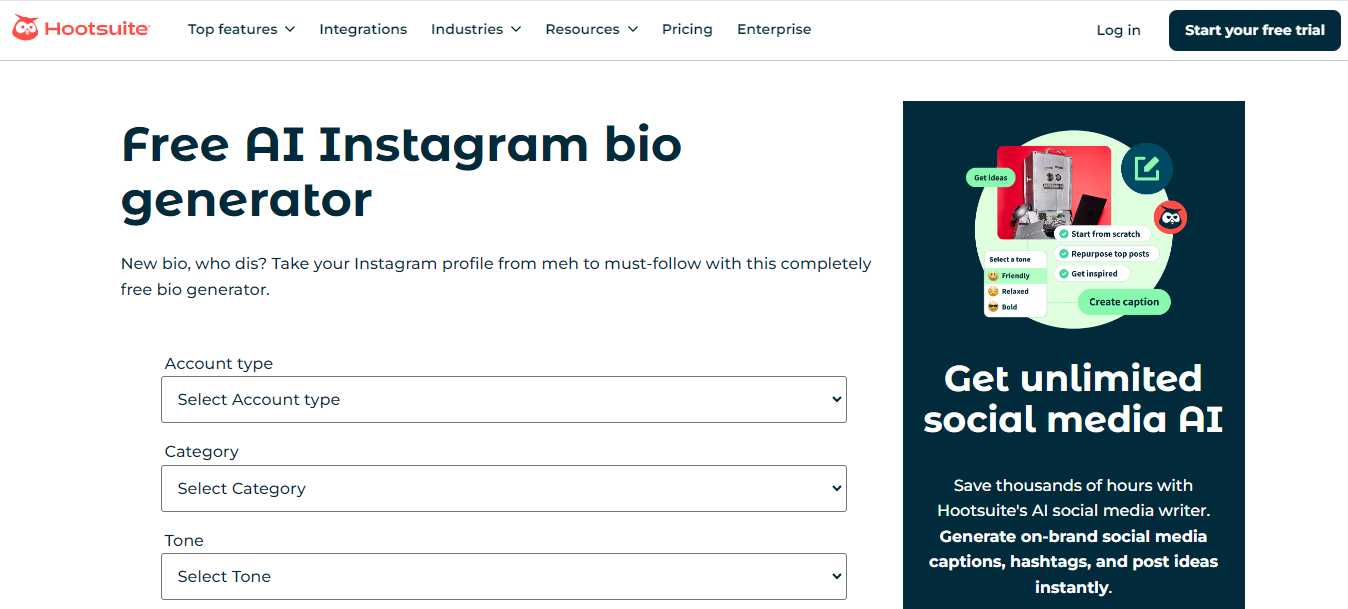 Hootsuite AI Instagram Bio Generator