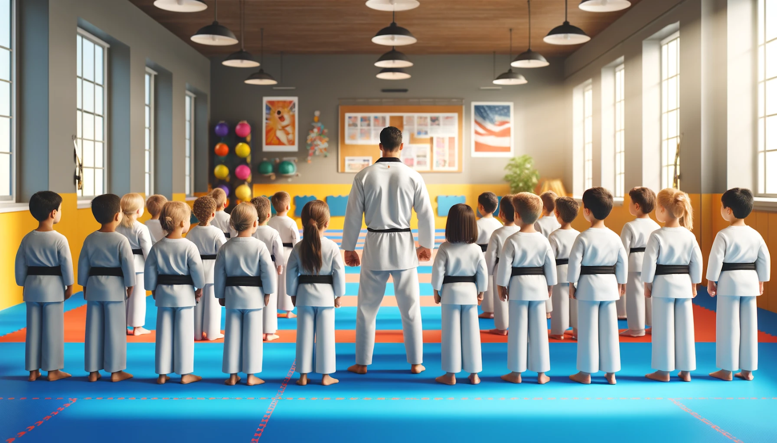 Students standing at attention in a taekwondo class.