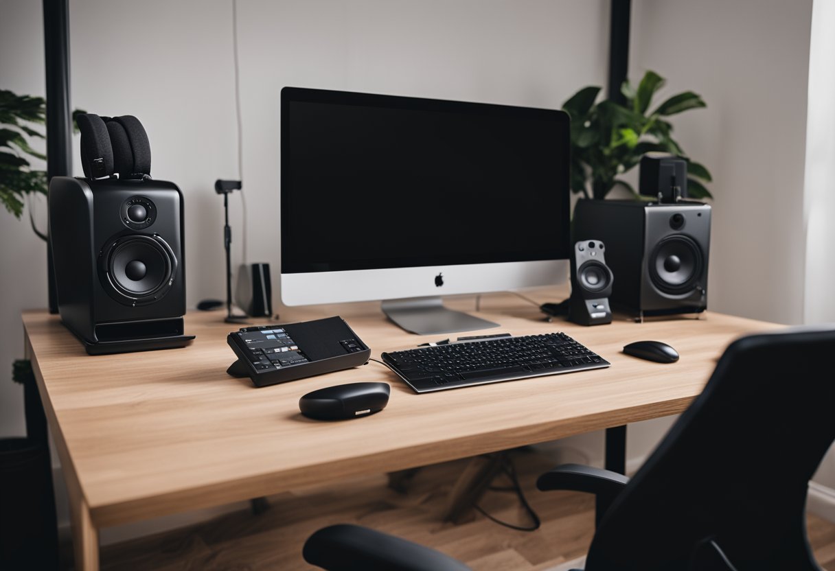 A simple home studio setup with a desk, computer, microphone, headphones, and soundproofing materials