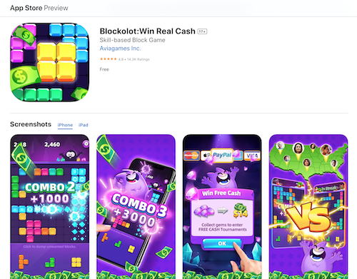 Colorful screenshots of Blockolot game play from the Apple App Store, including cashout options and the opportunity to play in tournaments with people form all over the country. 