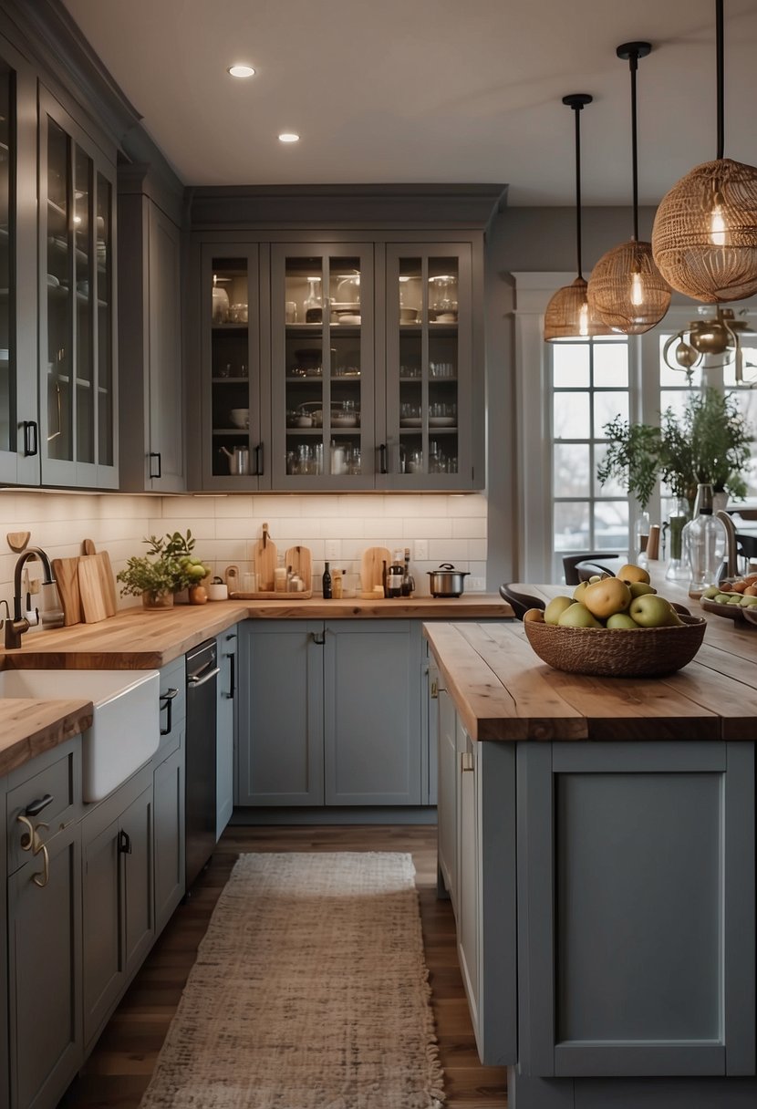 A cozy kitchen with 35 gray cottage-style cabinets, neatly arranged with decorative hardware and soft lighting