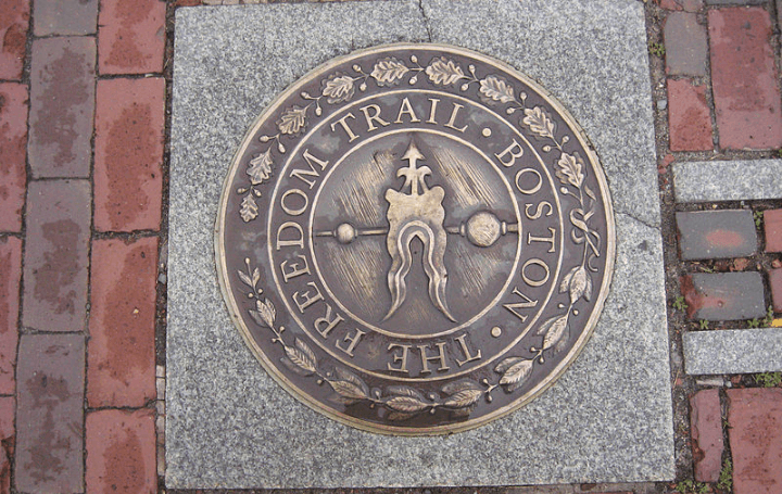 Special markers implanted in the sidewalk denote the stops along the Freedom Trail