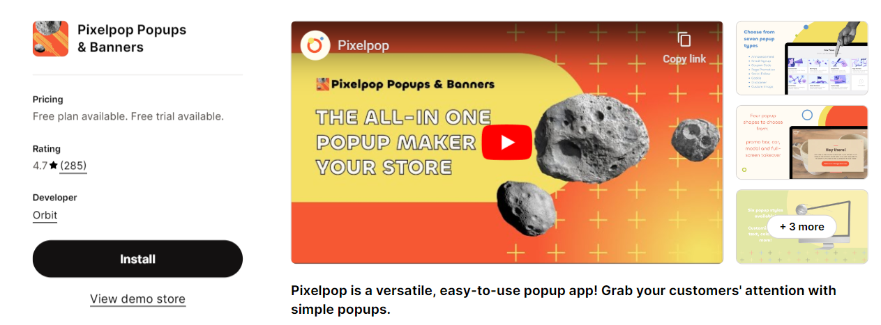 Pixelpop Popups & Banners, a Shopify exit intent popup app.