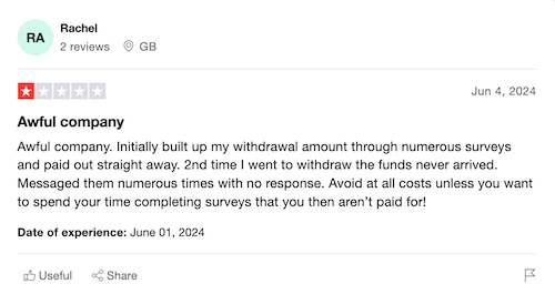 A 1-star Trustpilot review from a Survey Pop user who liked the app initially and was paid promptly but can't get paid for their second cashout attempt or get any help from the company. 