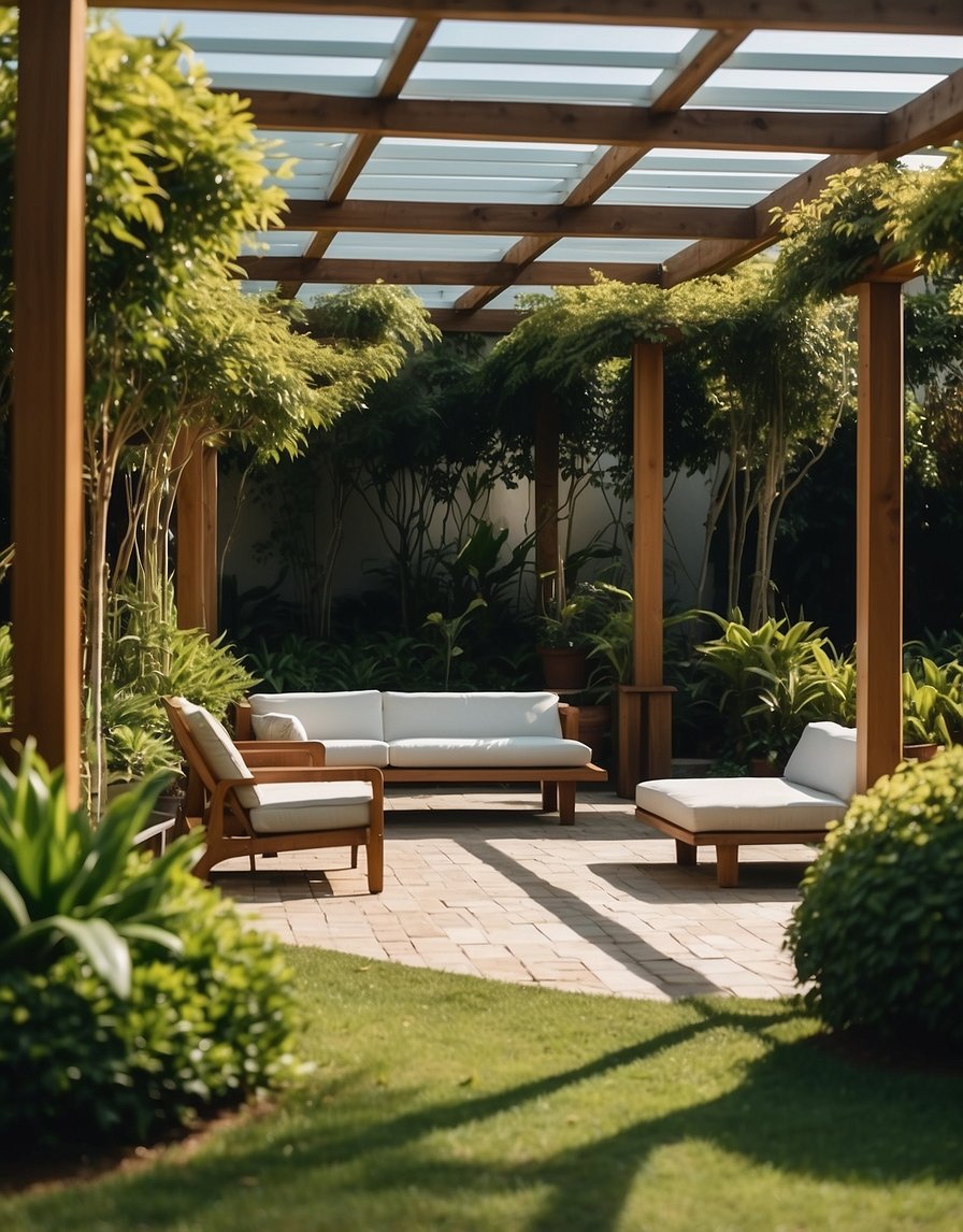 A poolside pergola with lounge chairs and lush greenery, creating a tranquil and inviting space for relaxation and enjoyment