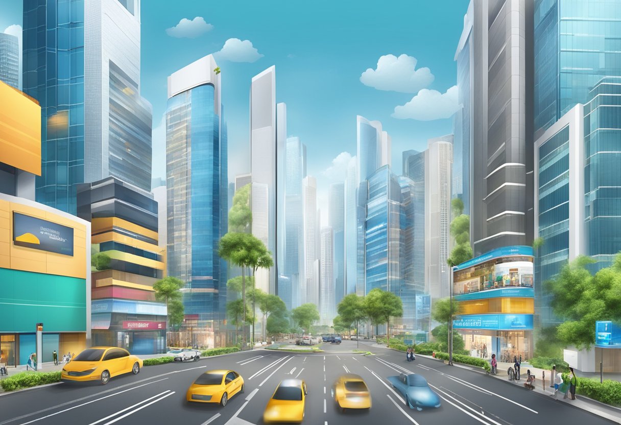 A bustling cityscape with skyscrapers and modern buildings, featuring digital billboards and advertisements for a real estate digital marketing agency in Noida