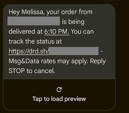 A text from DoorDash stating that an order is being delivered at 6:10 PM and the reader can track it using an attached link.