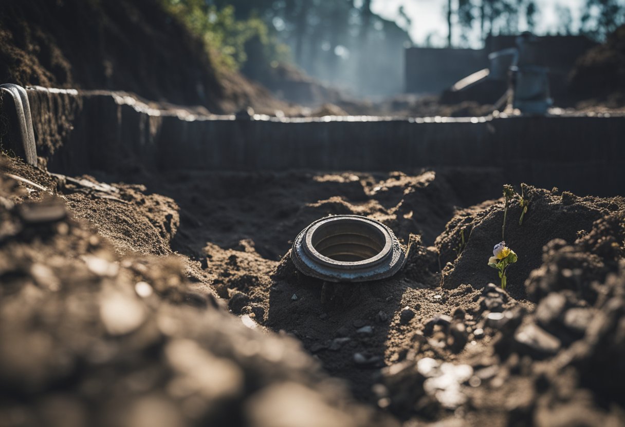 A broken sewer line is fixed underground without digging, using specialized equipment and materials