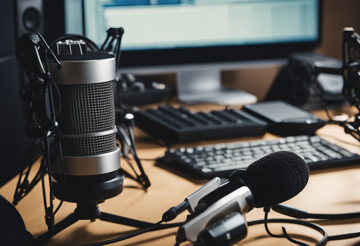 A cluttered desk with a laptop, audio interface, and budget microphones. Soft lighting and a cozy home studio setting