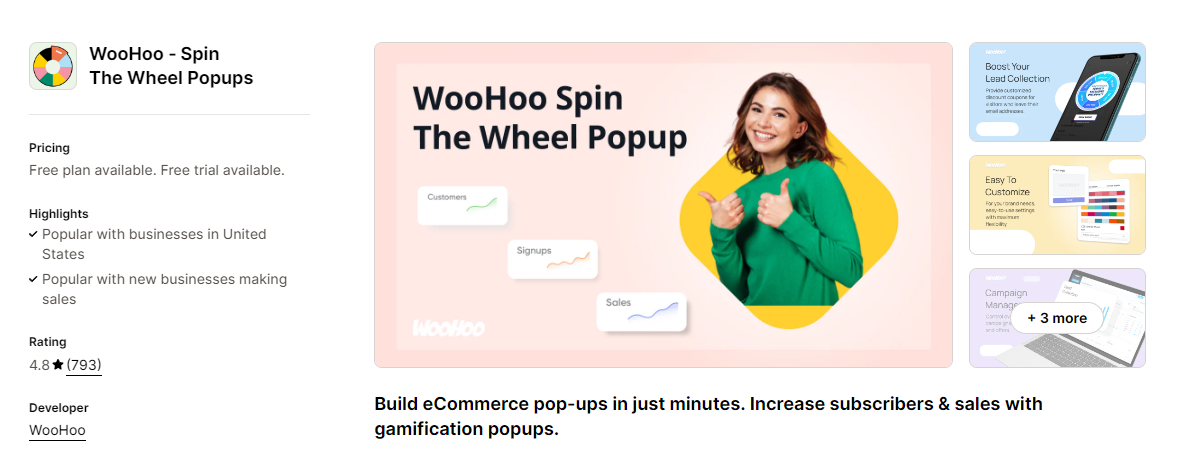 WooHoo Popup homepage on the Shopify app store. 