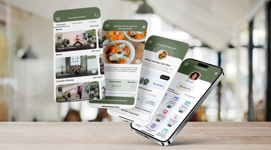 Capture d'écran de plusieurs écrans de téléphone affichant différentes sections de l'application KoalaPro, y compris des vidéos d'entraînement, des recettes de cuisine saine, des groupes de soutien et un profil utilisateur avec des badges et des points.
