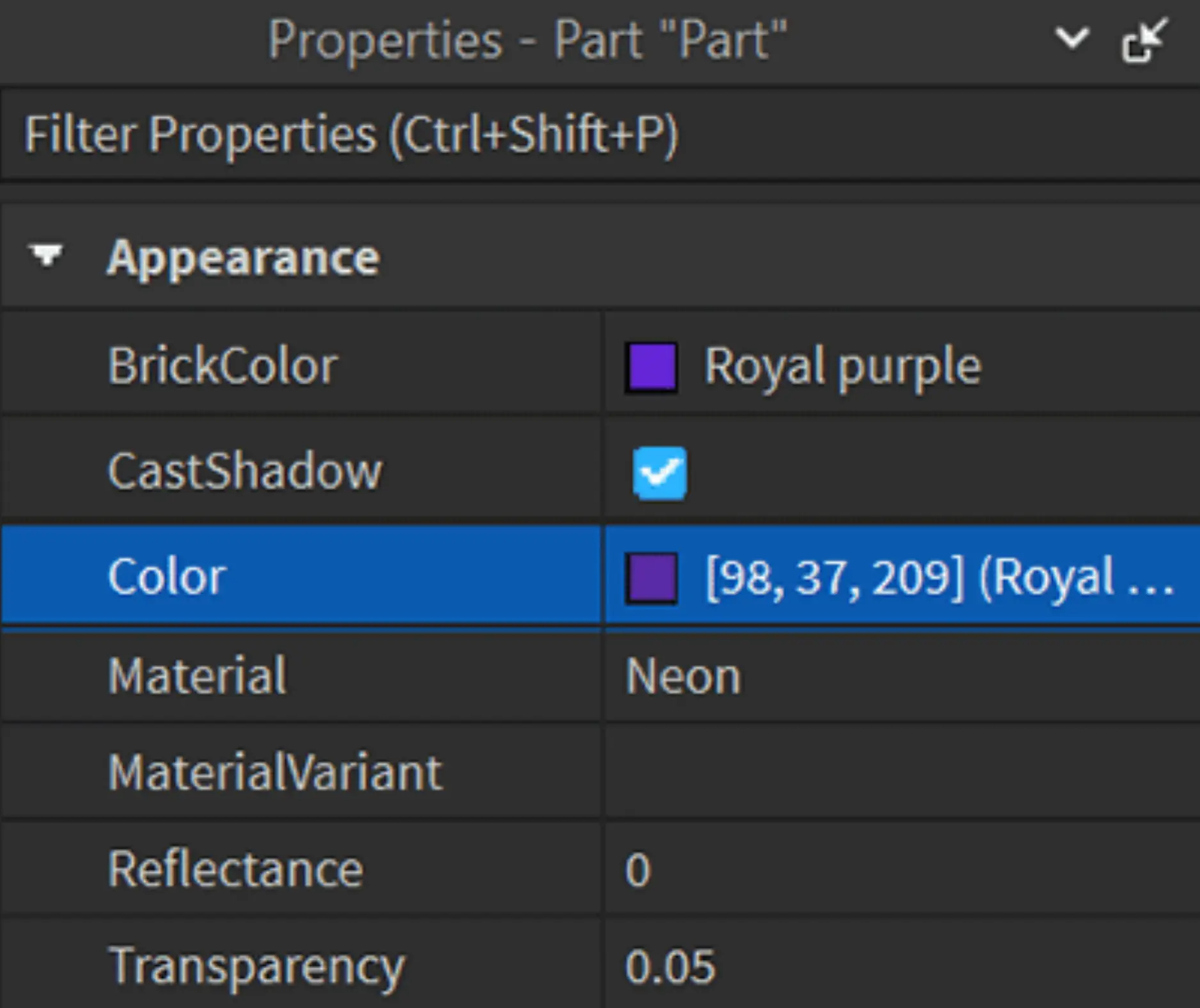 Part Properties in Roblox