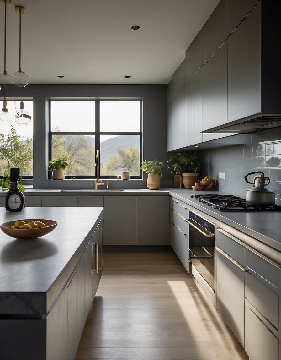 A modern kitchen with soft gray cabinets, sleek hardware, and clean lines. Light pours in from large windows, illuminating the space