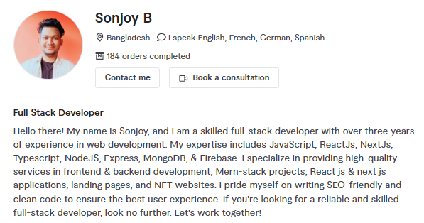 Sonjoy's fiverr profile - the best  full-stack developer with over three years of experience in web development