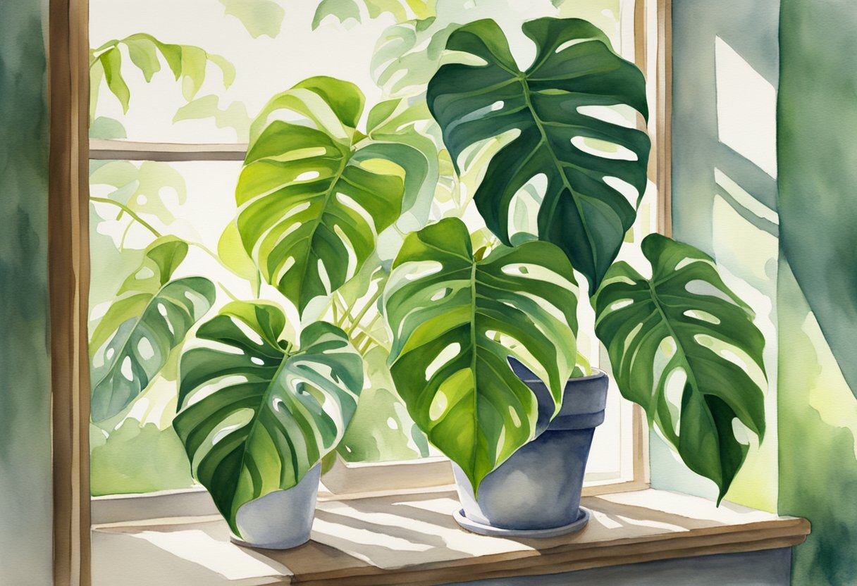 Bright, indirect sunlight filters through a window onto lush, green philodendron leaves, casting soft shadows on the surrounding surfaces