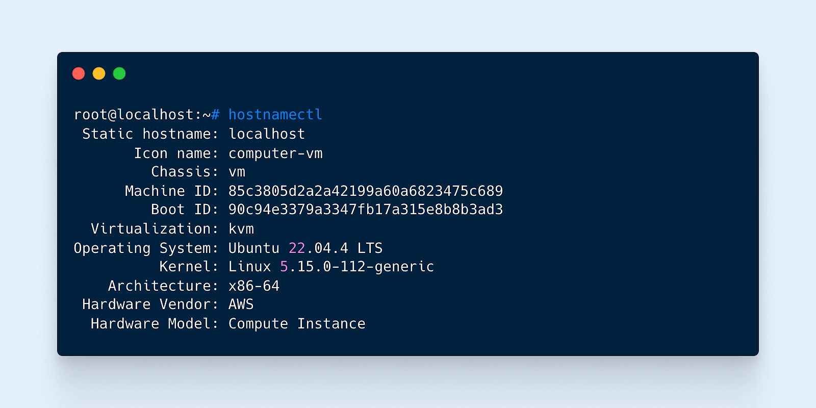 Terminal que muestra información del sistema para la instancia Ubuntu 22.04.4 LTS que se ejecuta en AWS, incluido el nombre de host, la versión del kernel, etc.