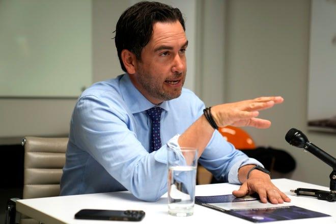 Jersey City Mayor Steve Fulop, who is running for governor, speaks to the press about his transportation plan for the state. Monday, August 14, 2023