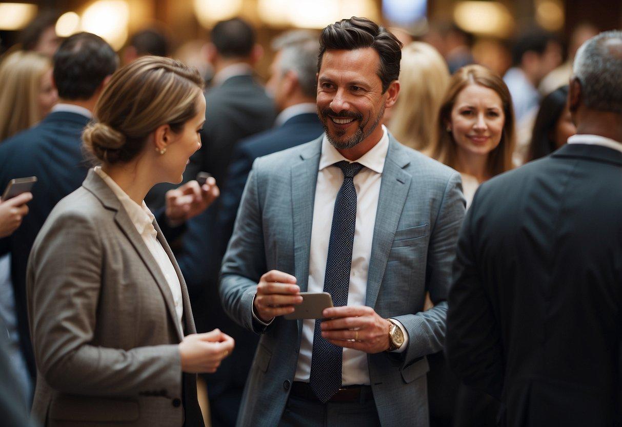Attendees mingle at a busy networking event, exchanging business cards and engaging in conversation. Tables are filled with promotional materials and refreshments