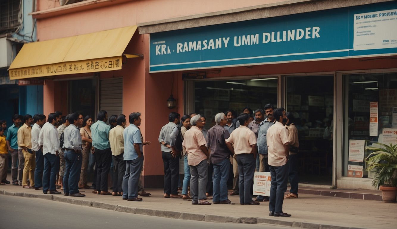 A storefront with a sign reading "KR RM RAMASAMY Licensed Money Lender" and a queue of people waiting outside