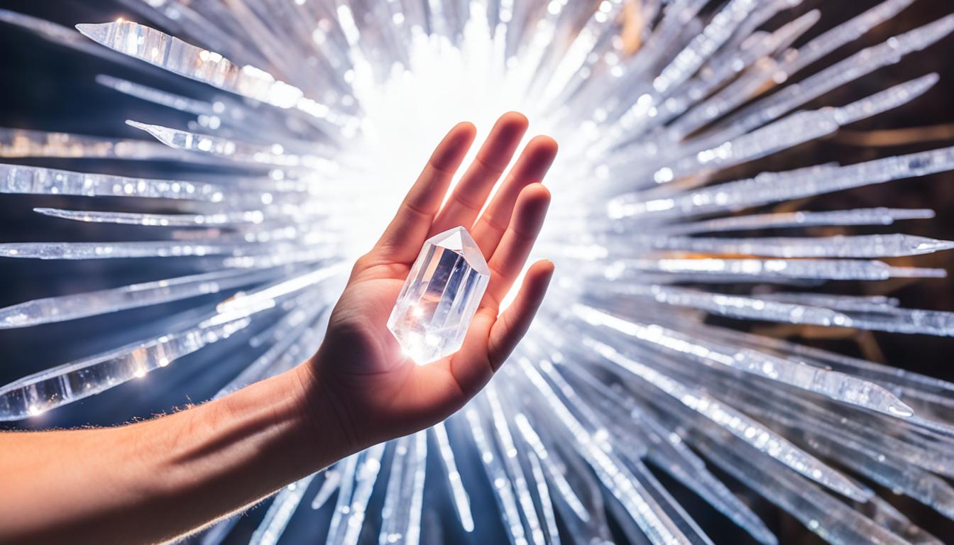 An image of a clear quartz crystal being held in the palm of a hand while surrounded by vibrant beams of light, representing its ability to amplify and enhance energy. The person holding the crystal has their other hand touching the ground, symbolizing the grounding and stabilizing effects of clear quartz. Surrounding the person are smaller crystals, indicating the spread and magnification of energy throughout their environment. The overall image should convey a sense of clarity, balance, and strength.