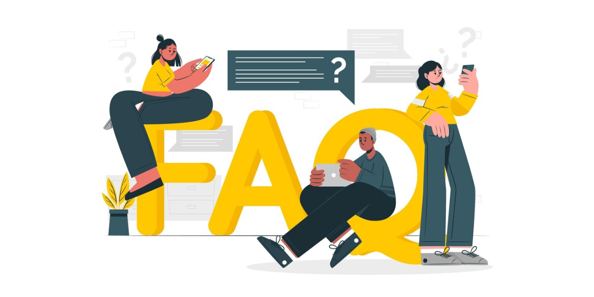 Illustration of a girl and boy leaning and sitting on a large yellow FAQ sign.