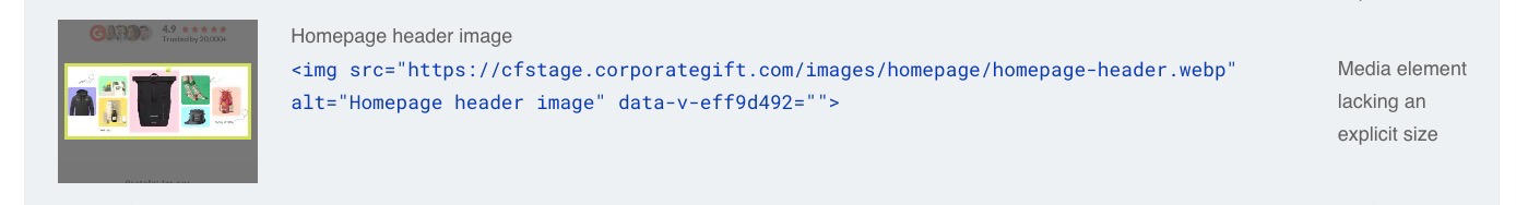 A homepage header image missing HTML size attribute tags