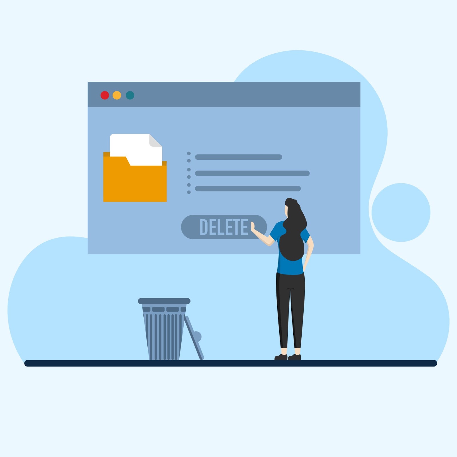 Illustration of a person stepping away from their computer screen, which displays a file and an oversized "DELETE" button. A trash can is placed beneath the screen, symbolizing the desire to disconnect and explore the outdoors.