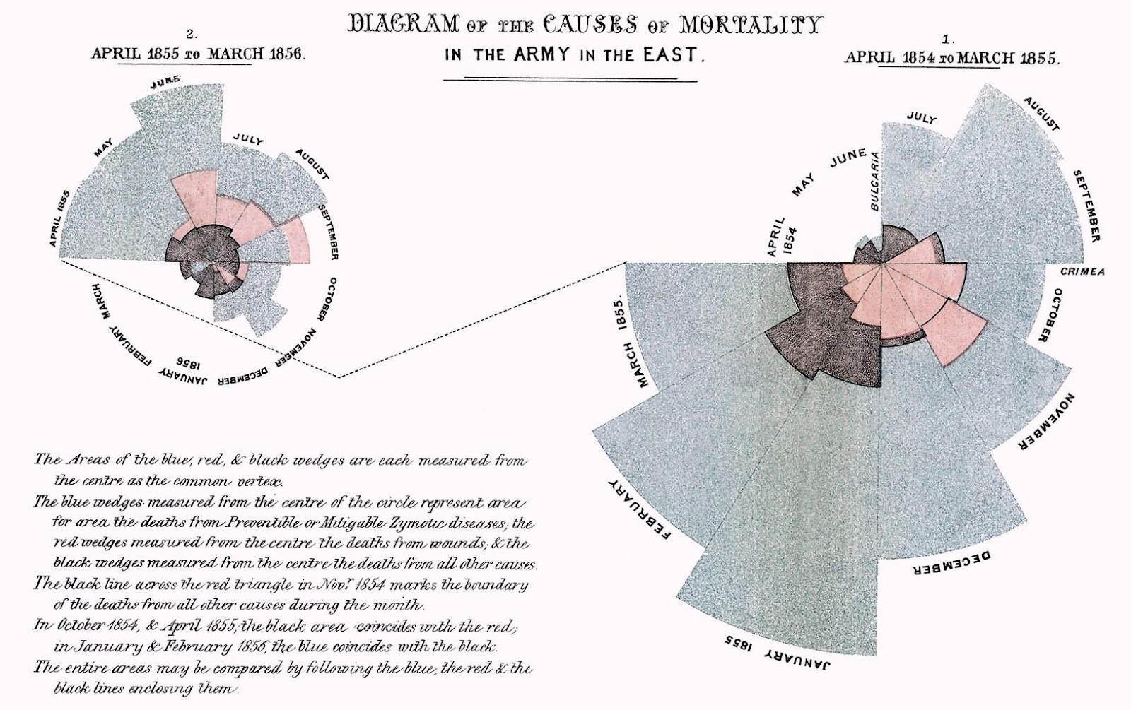 This "Diagram of the causes of mortality in the army in the East" was published in Notes on Matters Affecting the Health, Efficiency, and Hospital Administration of the British Army and sent to Queen Victoria in 1858, by Florence Nightingale.

This graphic indicates the annual rate of mortality per 1,000 in each month that occurred from preventable diseases (in blue), those that were the results of wounds (in red), and those due to other causes (in black). The diagram is often referred as a polar chart of the Nightingale‘s rose.