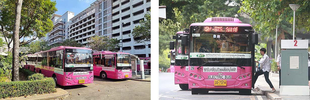 A pink bus parked on the street

Description automatically generated