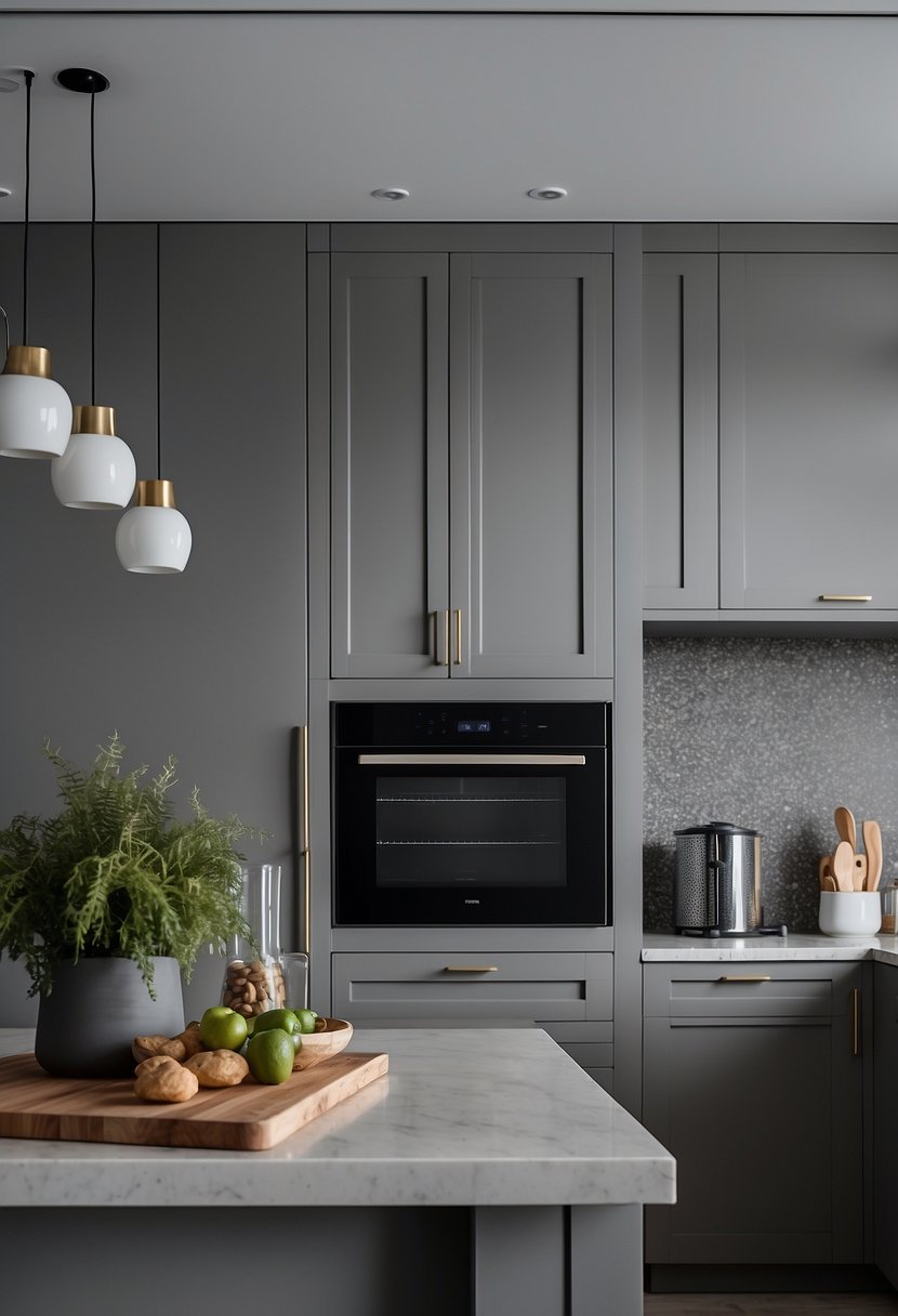 A modern kitchen with muted gray cabinets, sleek and stylish. Clean lines and minimalistic design create a subtle and sophisticated atmosphere