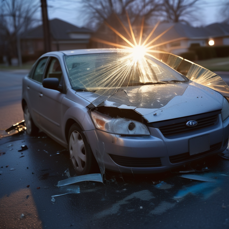 Close-up of a car's shattered windshield with an indistinct car accident scene in the background.