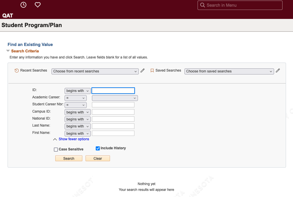 The new Student Program Plan search page. The new layout includes more search options and a gray box outlining the search fields.