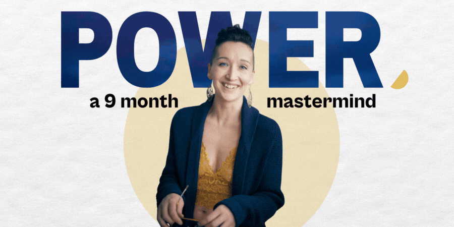 An animated graphic representing a 9-month program called "Power Mastermind", where Tarzan is standing and wearing a navy blue cardigan with a visible patch on the sleeve, over a yellow lace top that reveals a midriff. Her facial expression is mild surprise or curiosity, and she is looking directly at the camera with her head slightly tilted.