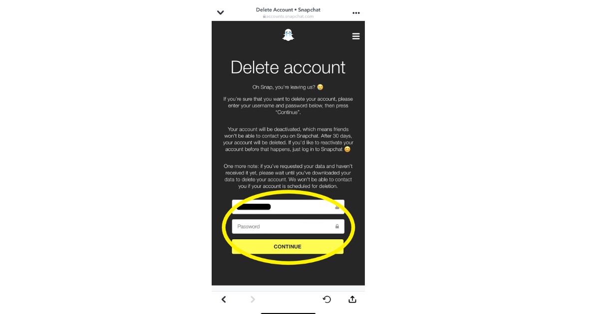 Delete Snapchat Account on iOS