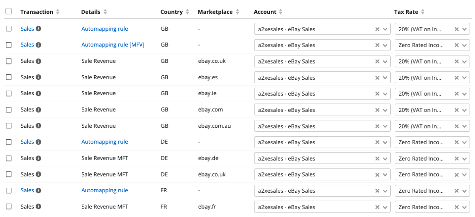 A screenshot of an example of how A2X will map accounts and taxes for sellers filing with OSS