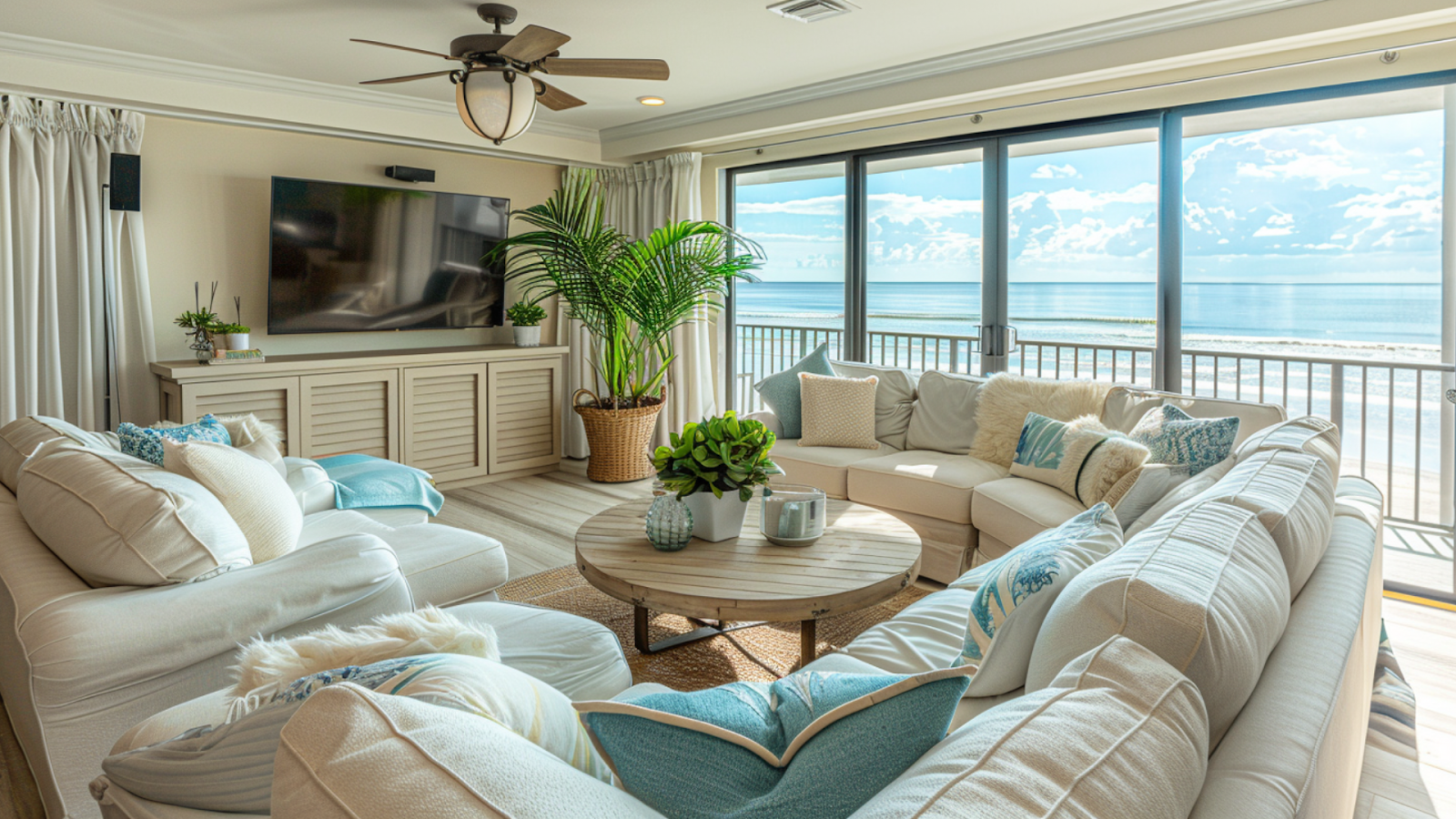 A spacious living room with a view of Fort Myers Beach from the balcony