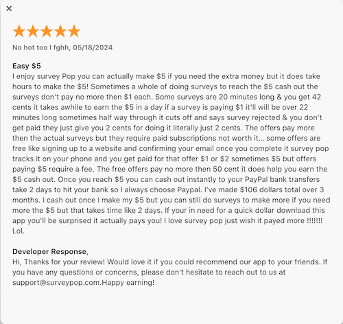 A 5-star Apple App Store review from a Survey Pop user who likes taking surveys and completing offers for cash with the platform but thinks the pay could be higher. 