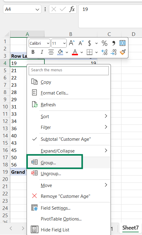 Group the row values in the pivot table